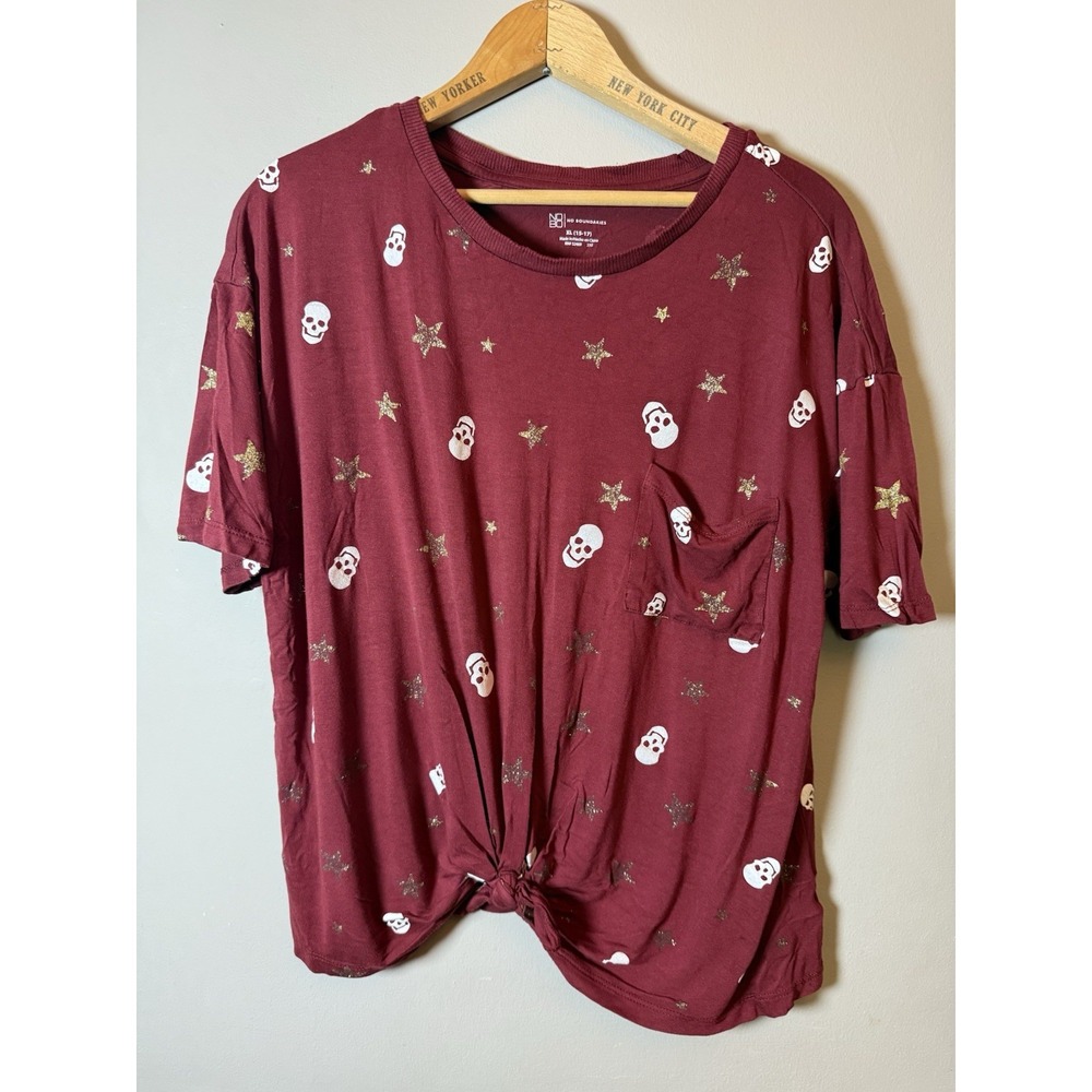 No Boundaries T-Shirt Womens XL Red Skulls Stars Glitter Skater Goth Y2K